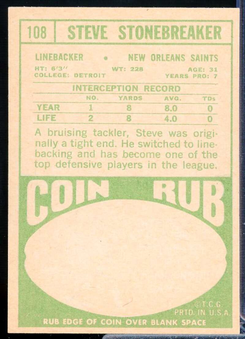 Steve Stonebreaker Rookie Card 1968 Topps #108  Image 2
