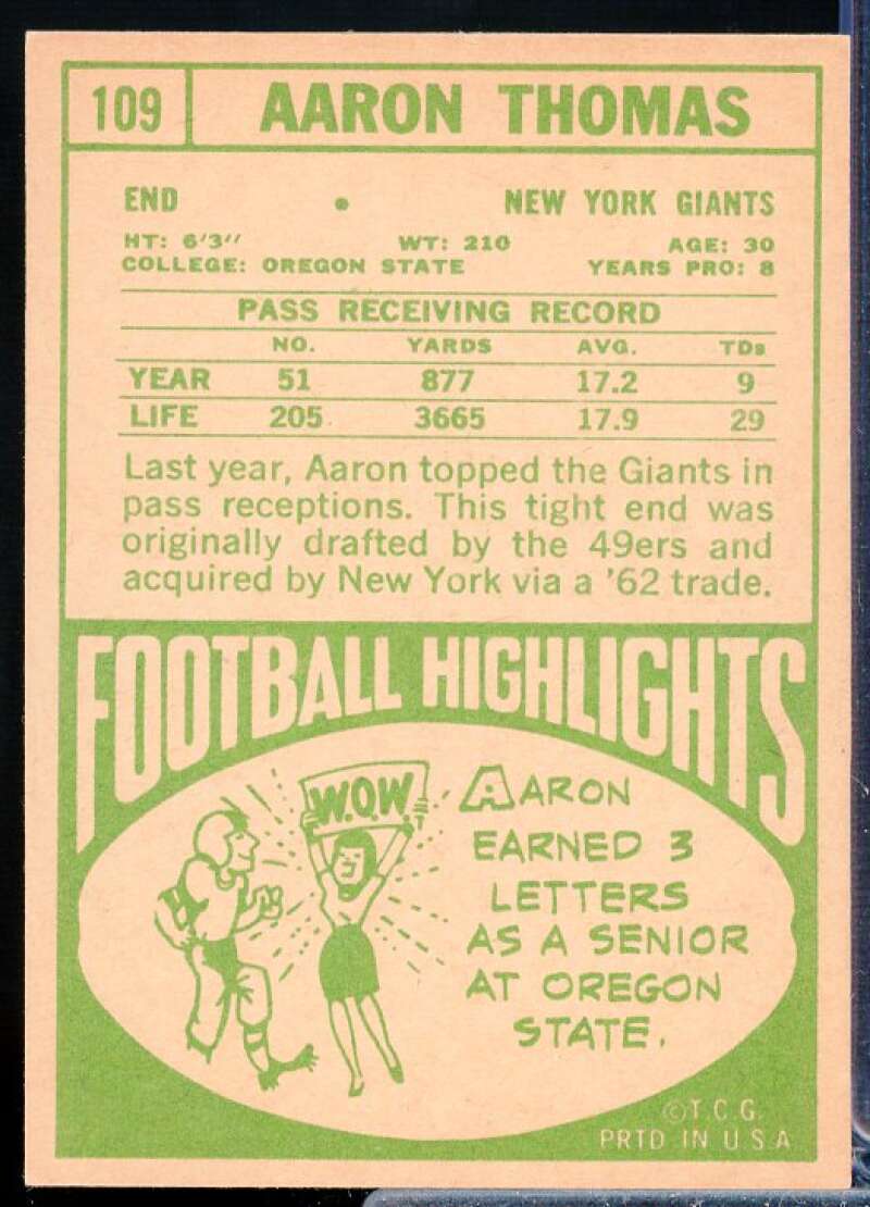 Aaron Thomas Card 1968 Topps #109  Image 2