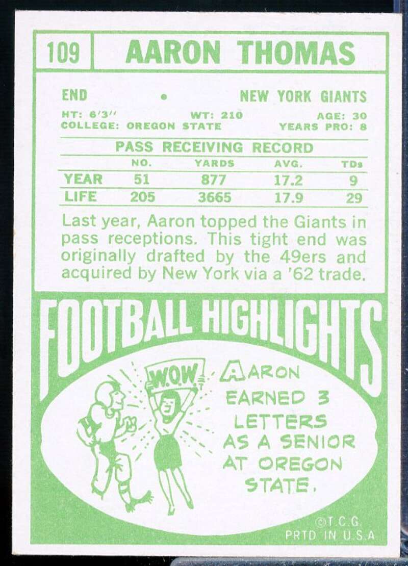 Aaron Thomas Card 1968 Topps #109  Image 2
