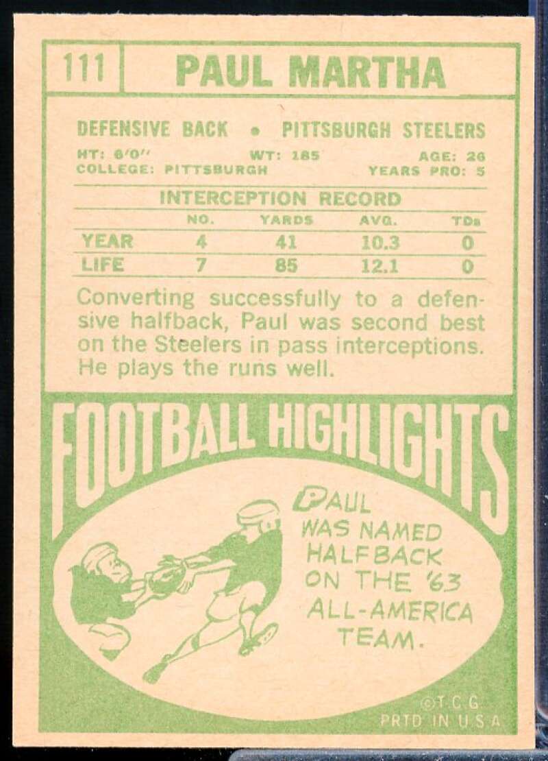 Paul Martha Rookie Card 1968 Topps #111  Image 2