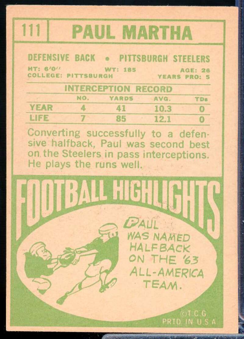 Paul Martha Rookie Card 1968 Topps #111  Image 2