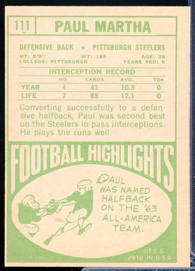 Paul Martha Rookie Card 1968 Topps #111  Image 2