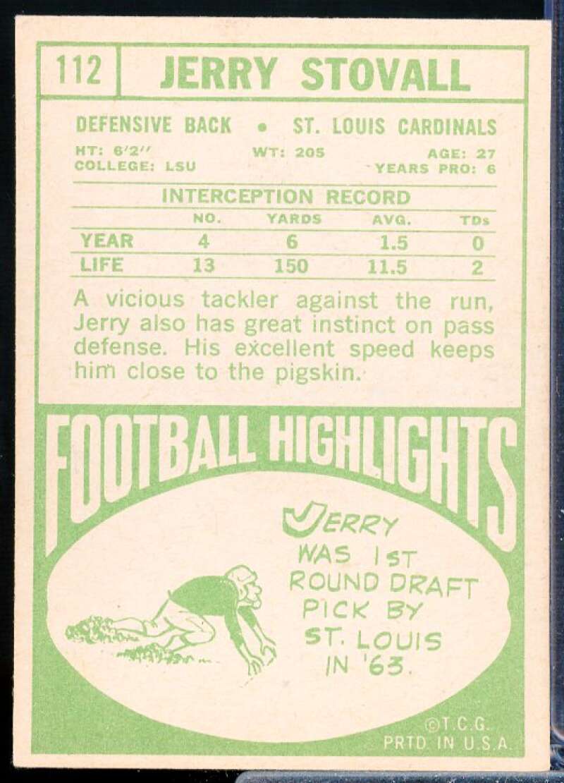 Jerry Stovall Card 1968 Topps #112  Image 2