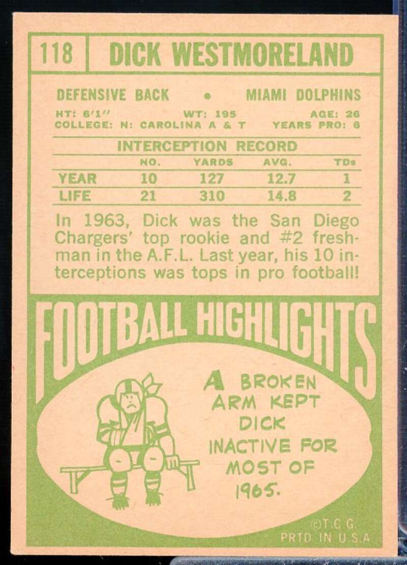 Dick Westmoreland Card 1968 Topps #118  Image 2