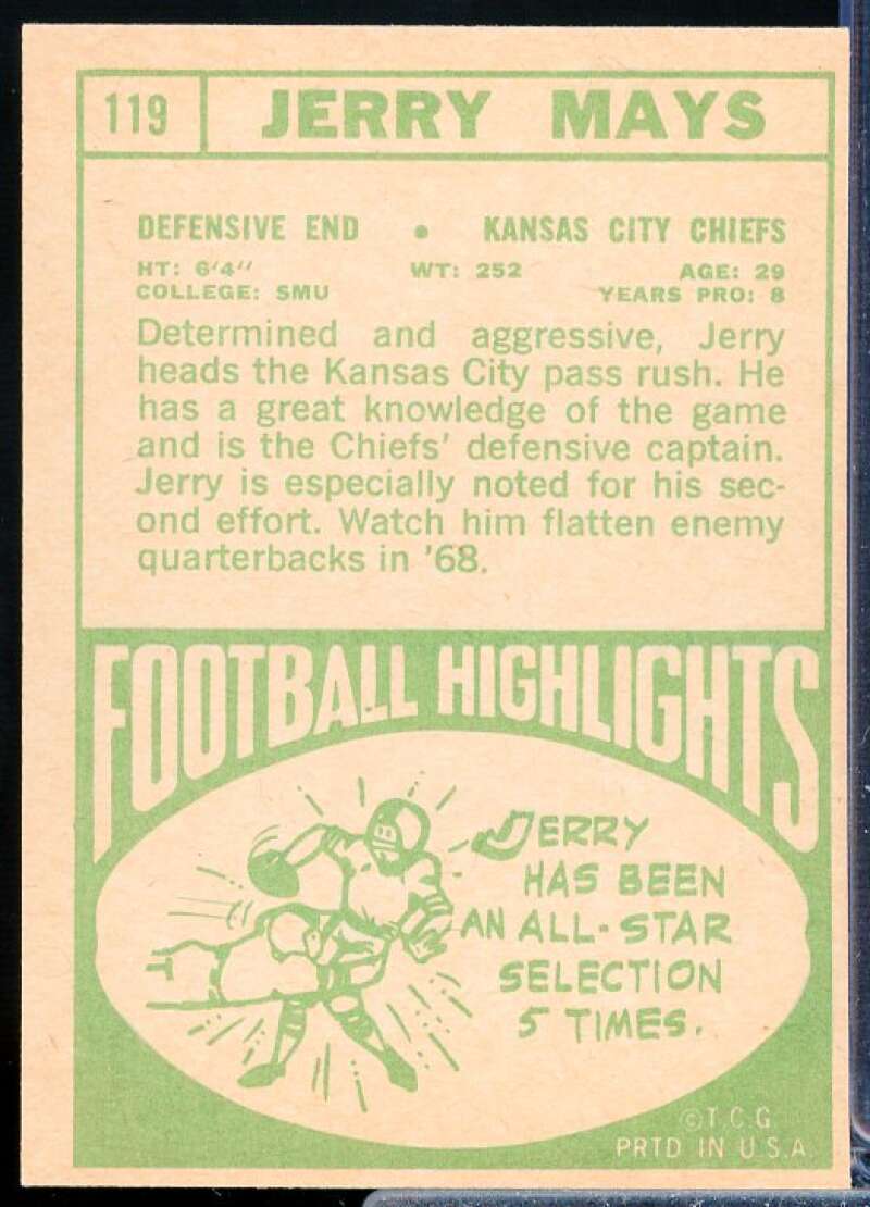 Jerry Mays Card 1968 Topps #119  Image 2