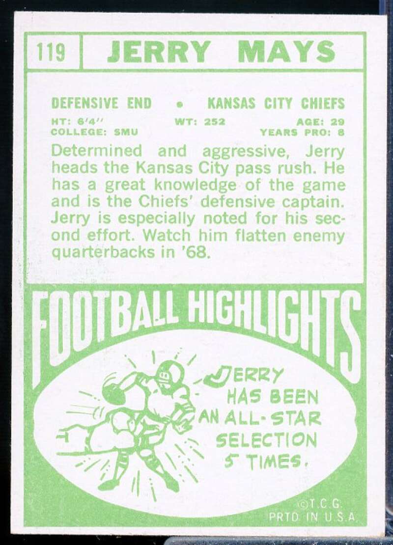 Jerry Mays Card 1968 Topps #119  Image 2