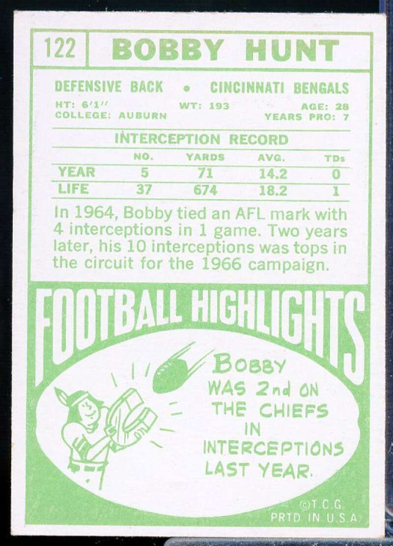 Bobby Hunt Card 1968 Topps #122  Image 2