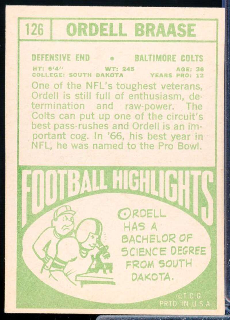 Ordell Braase Card 1968 Topps #126  Image 2