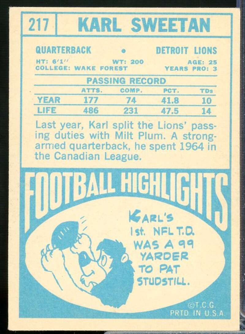 Karl Sweetan Card 1968 Topps #217  Image 2