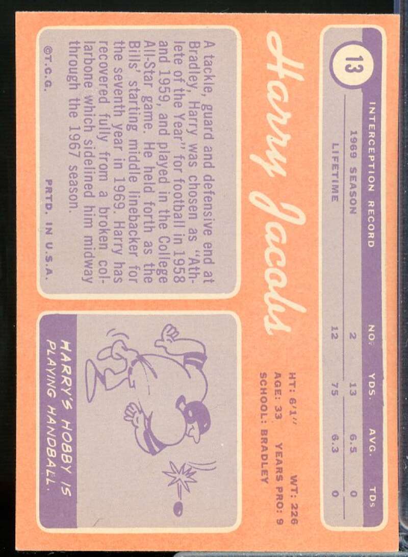 Harry Jacobs Card 1970 Topps #13  Image 2