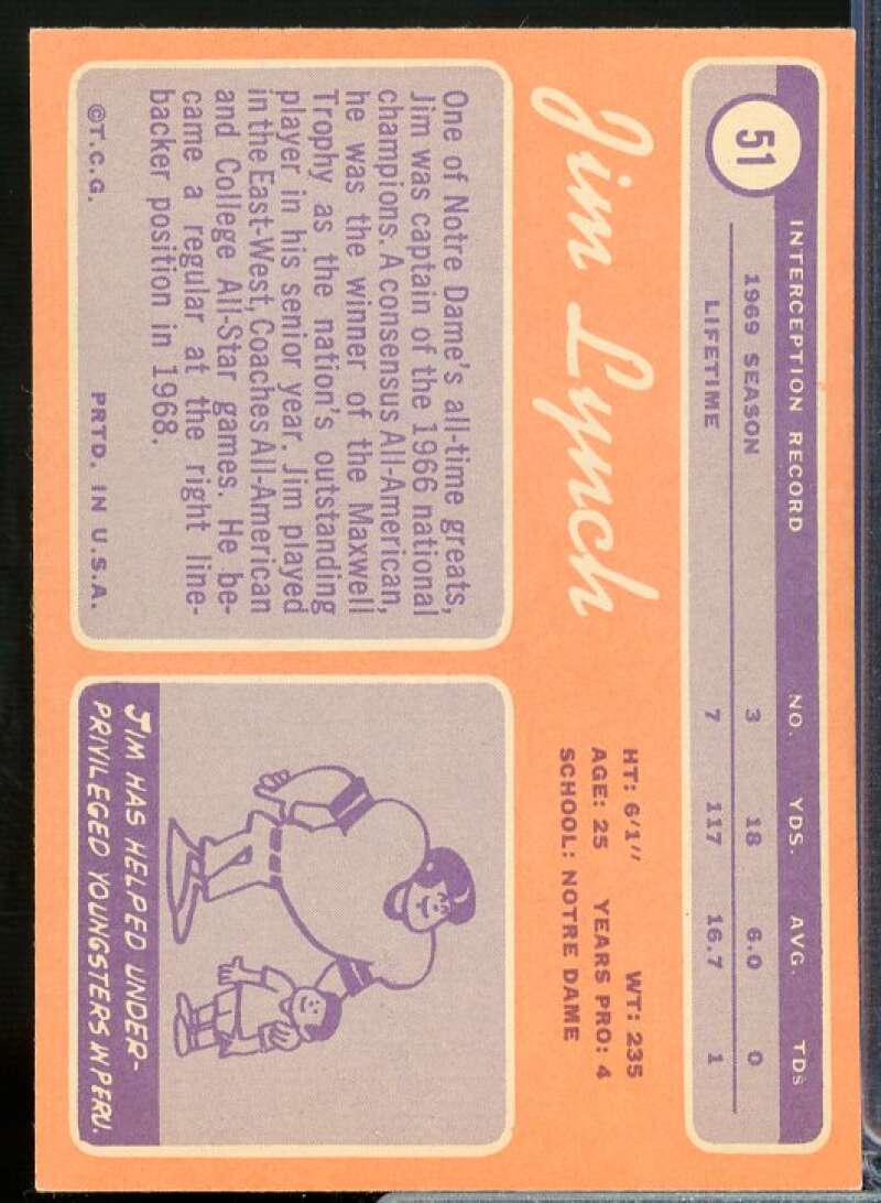 Jim Lynch Rookie Card 1970 Topps #51  Image 2