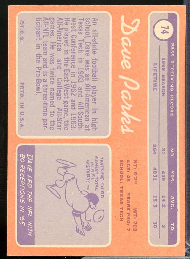 Dave Parks Card 1970 Topps #74  Image 2