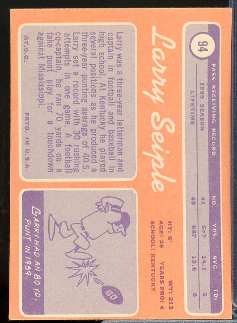 Larry Seiple Rookie Card 1970 Topps #94  Image 2