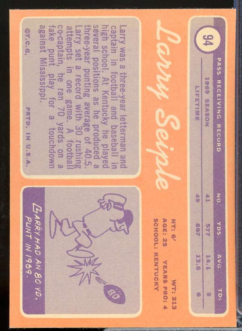 Larry Seiple Rookie Card 1970 Topps #94  Image 2