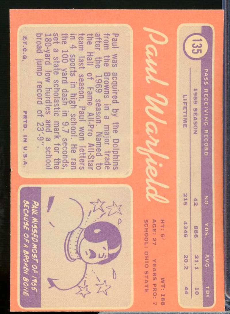 Paul Warfield Card 1970 Topps #135  Image 2