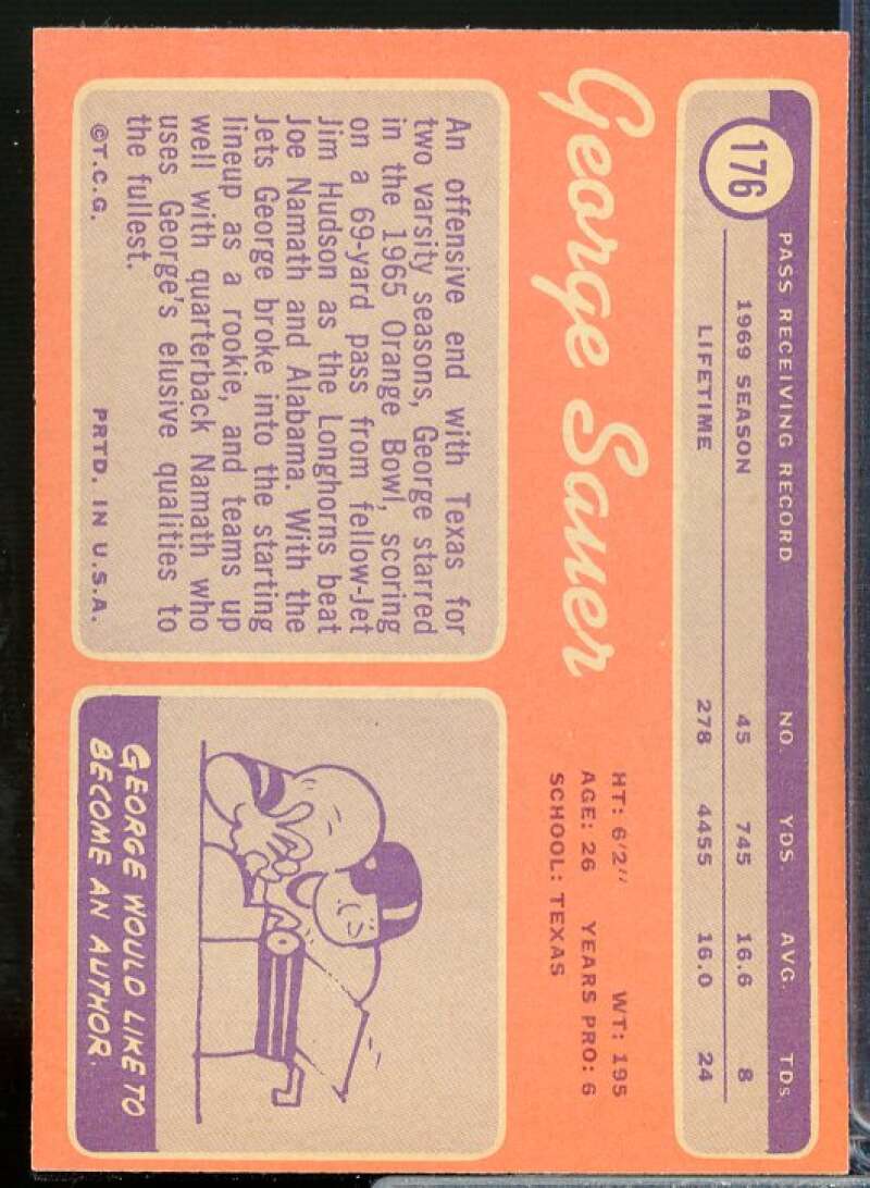 George Sauer Jr. Card 1970 Topps #176  Image 2