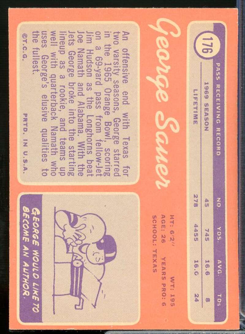 George Sauer Jr. Card 1970 Topps #176  Image 2