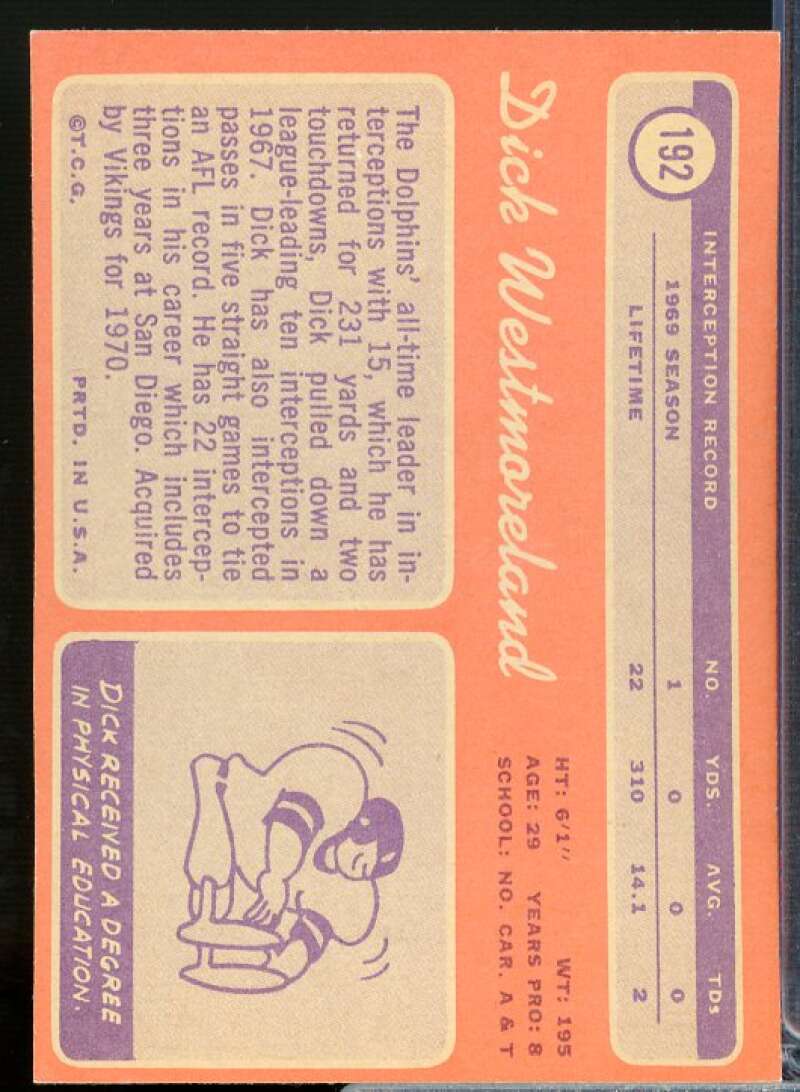Dick Westmoreland Card 1970 Topps #192  Image 2
