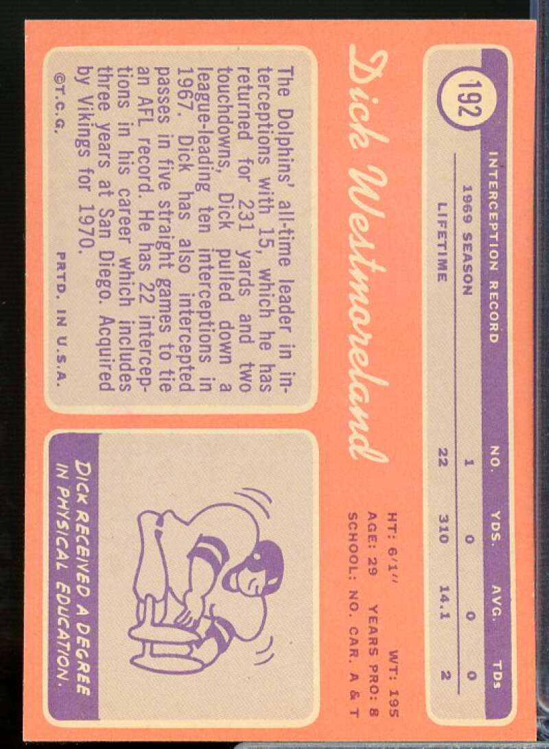 Dick Westmoreland Card 1970 Topps #192  Image 2
