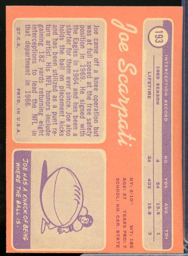 Joe Scarpati Card 1970 Topps #193  Image 2
