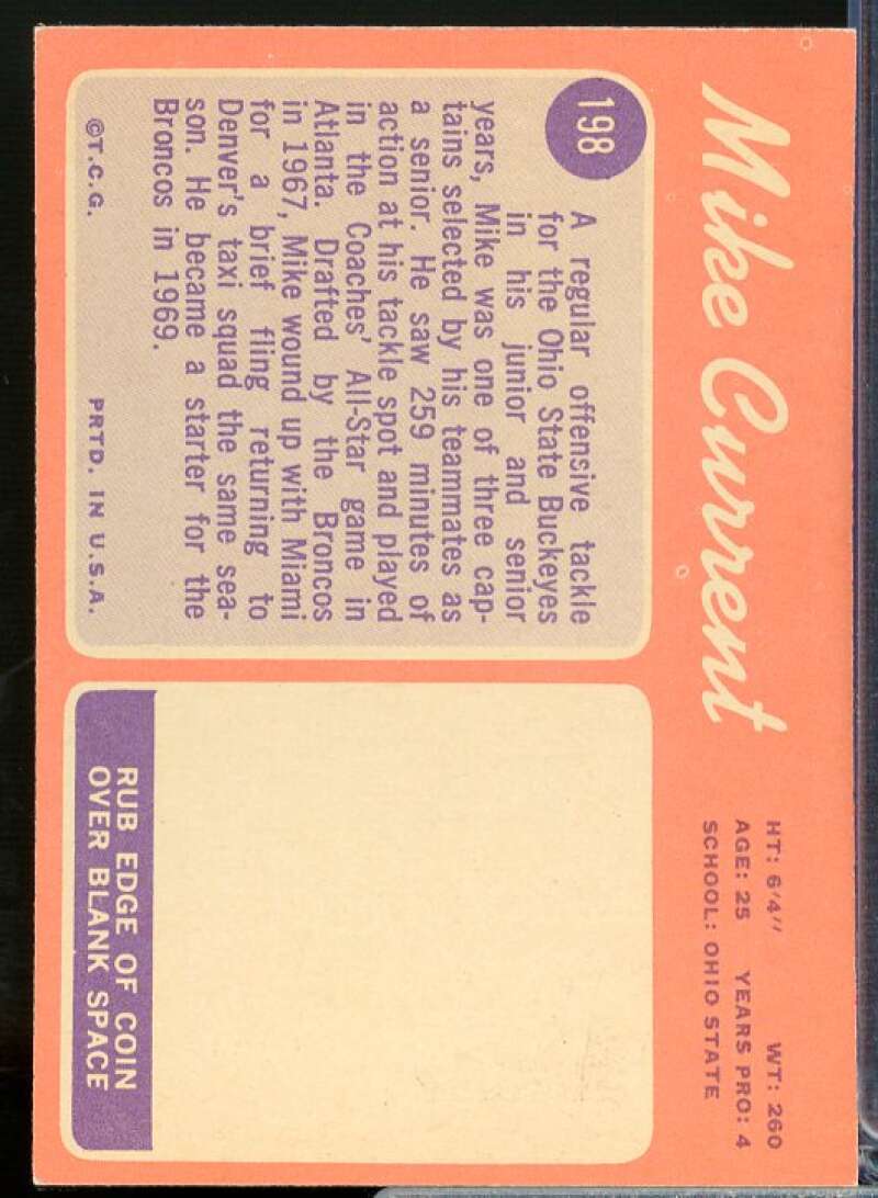 Mike Current Rookie Card 1970 Topps #198  Image 2