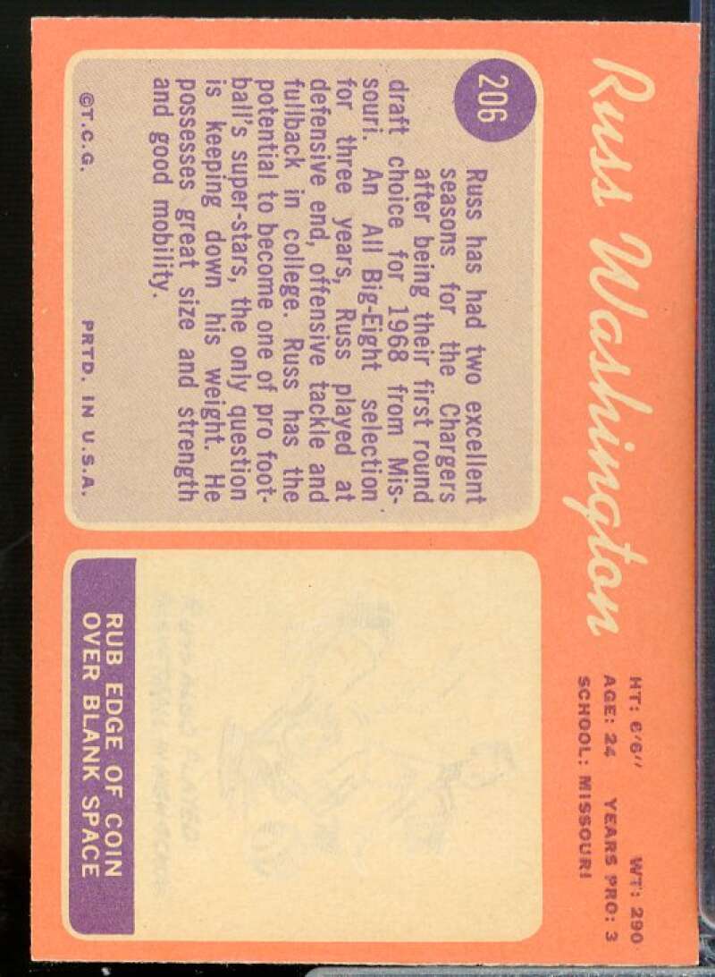 Russ Washington Rookie Card 1970 Topps #206  Image 2