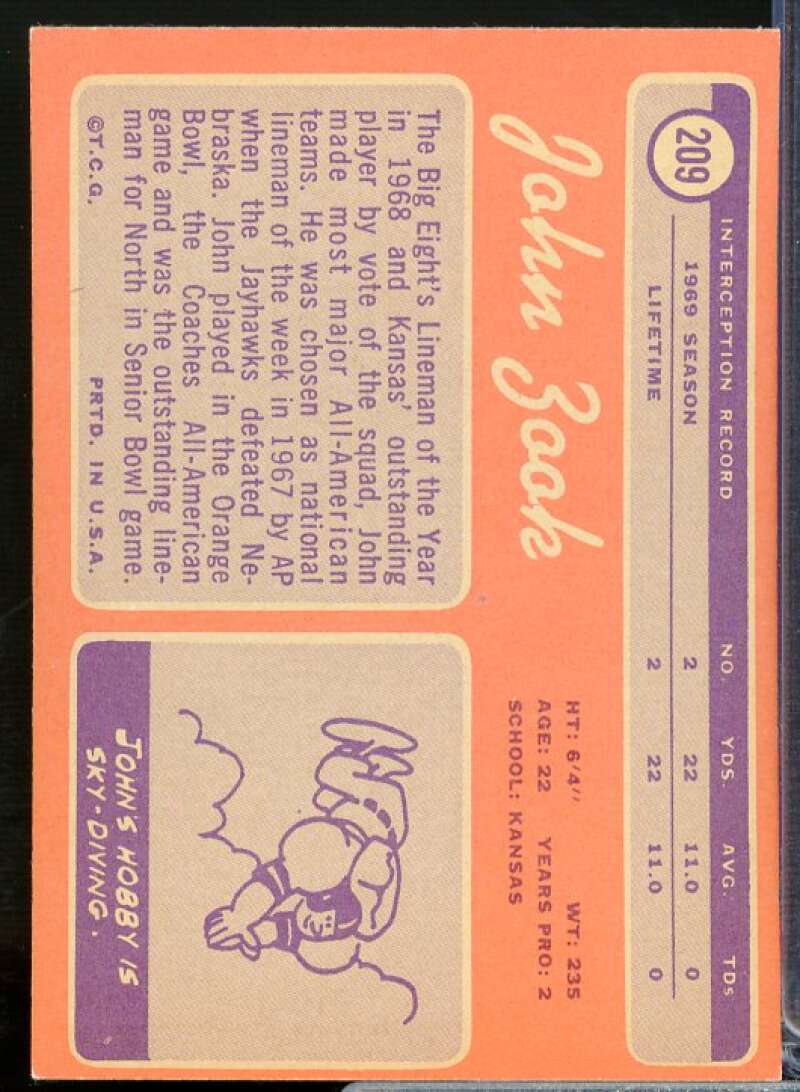John Zook Rookie Card 1970 Topps #209  Image 2