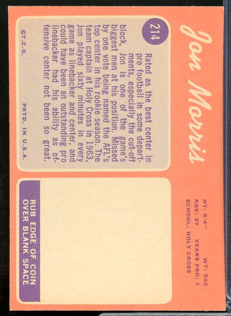 Jon Morris Card 1970 Topps #214  Image 2