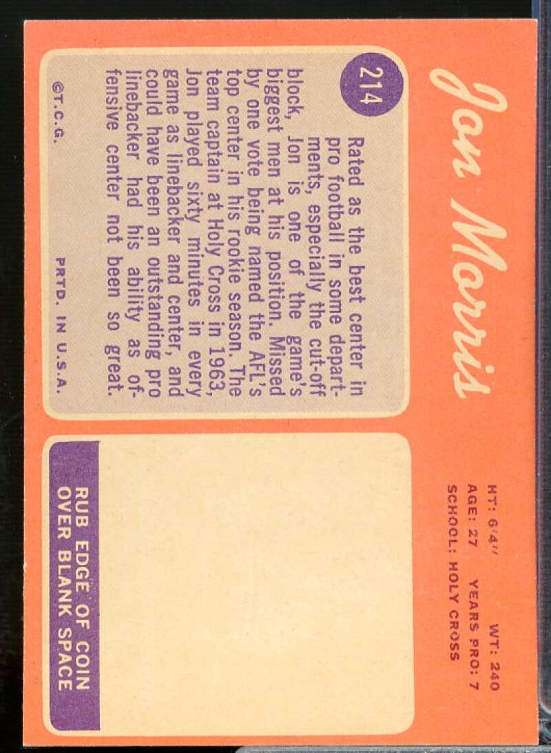 Jon Morris Card 1970 Topps #214  Image 2