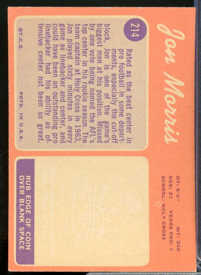 Jon Morris Card 1970 Topps #214  Image 2