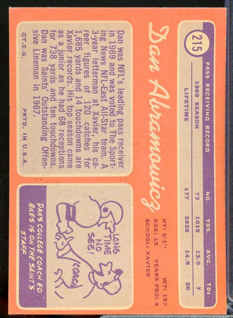 Dan Abramowicz Card 1970 Topps #215  Image 2