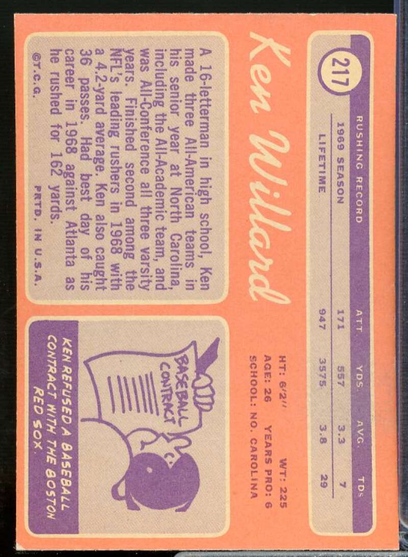 Ken Willard Card 1970 Topps #217  Image 2