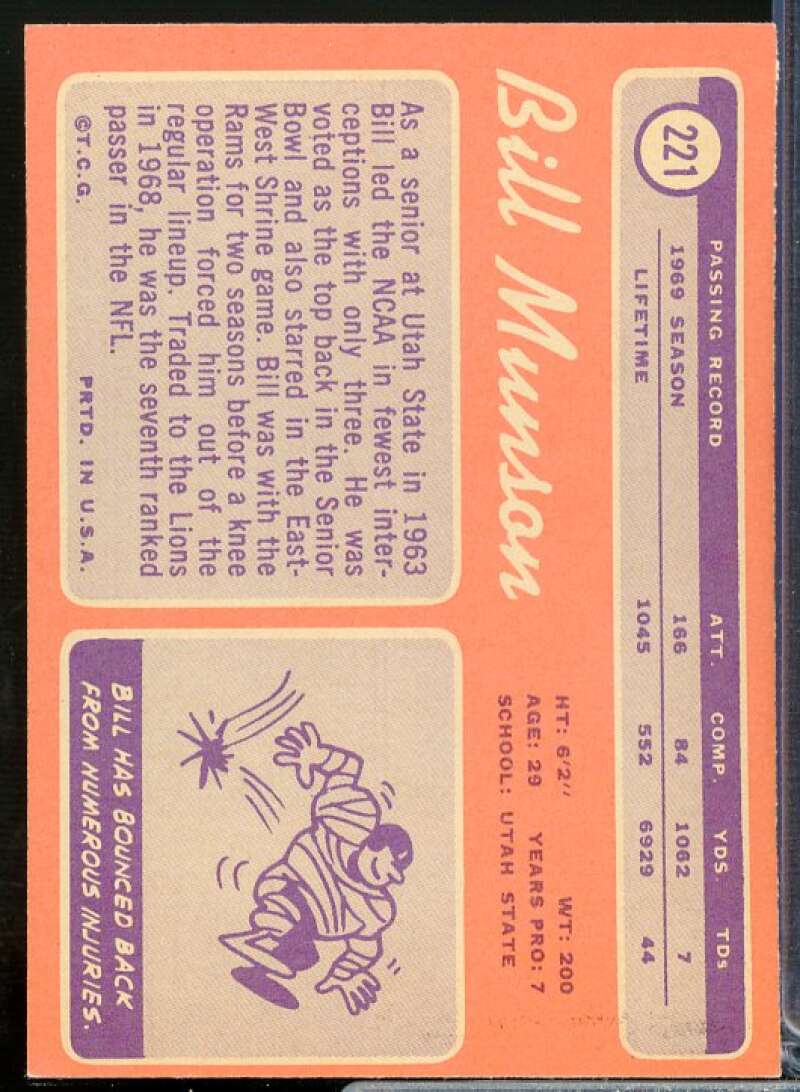 Bill Munson Card 1970 Topps #221  Image 2