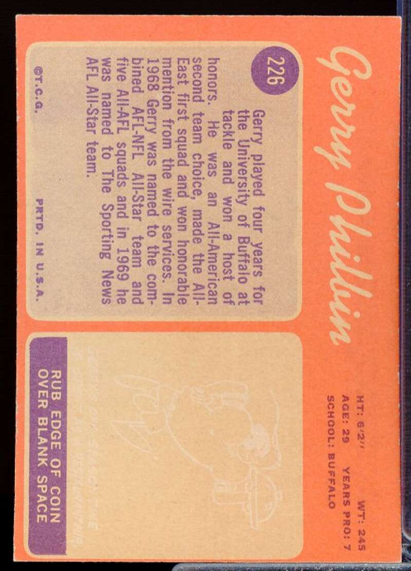 Gerry Philbin Card 1970 Topps #226  Image 2