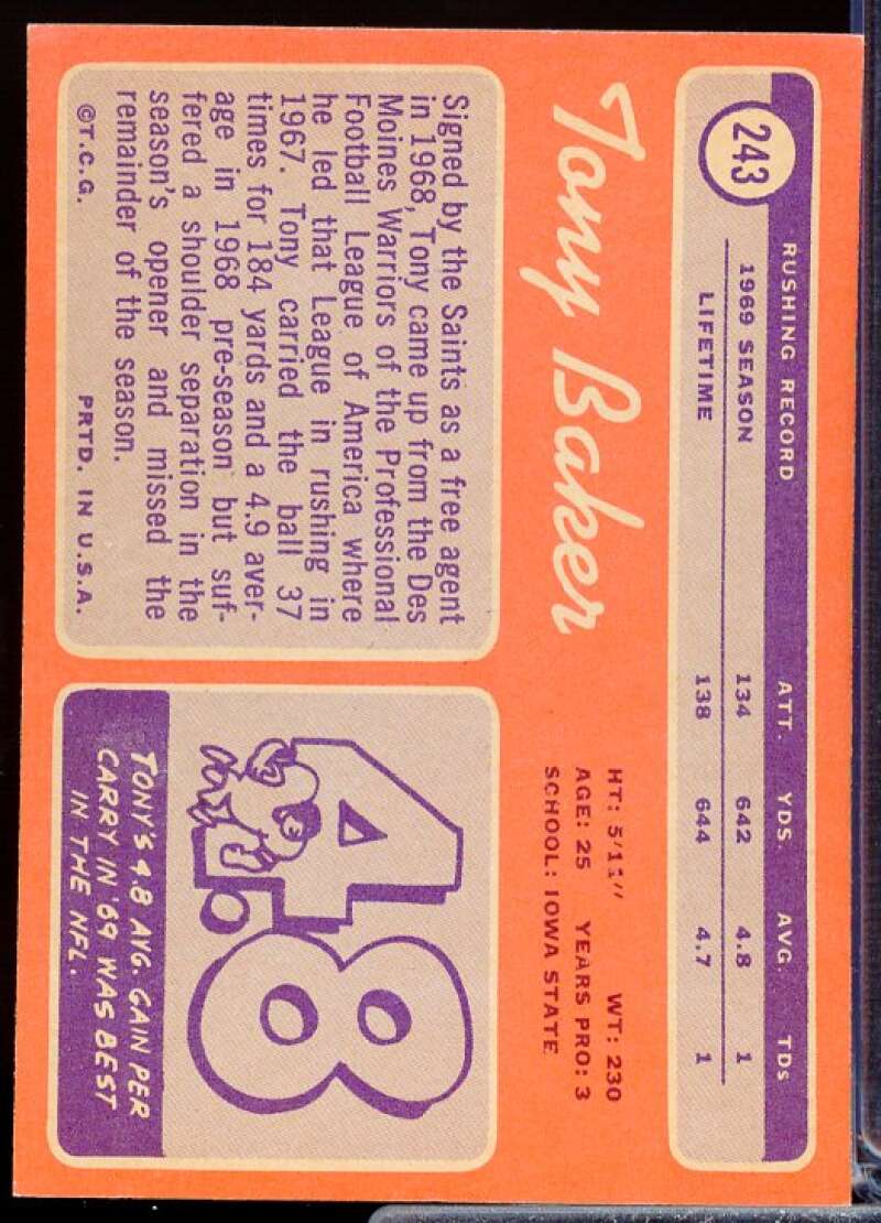 Tony Baker FB Rookie Card 1970 Topps #243  Image 2