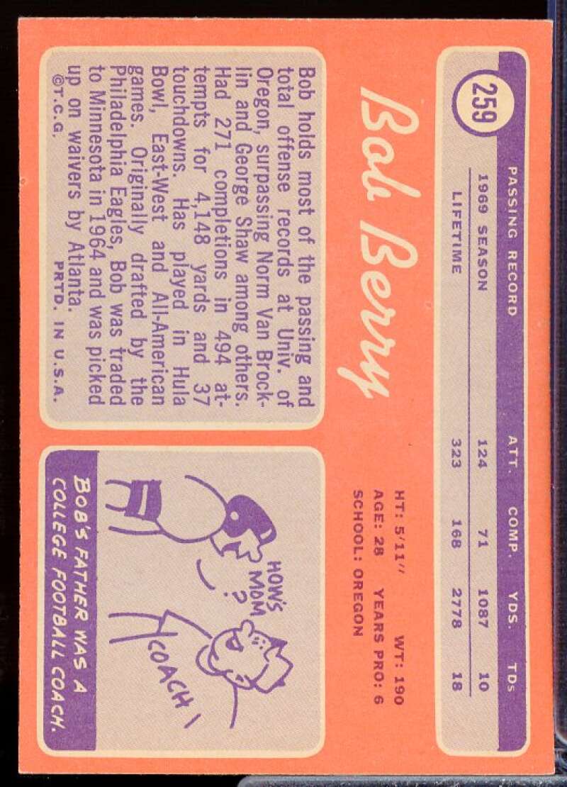 Bob Berry Rookie Card 1970 Topps #259  Image 2