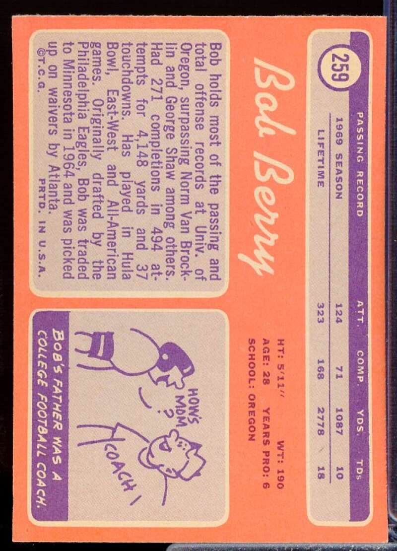 Bob Berry Rookie Card 1970 Topps #259  Image 2