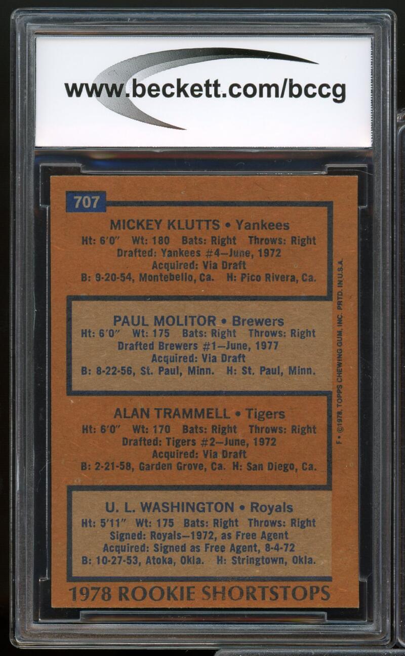 1978 Topps #707 Alan Trammell / Paul Molitor Rookie Card BGS BCCG 8 Excellent+ Image 2