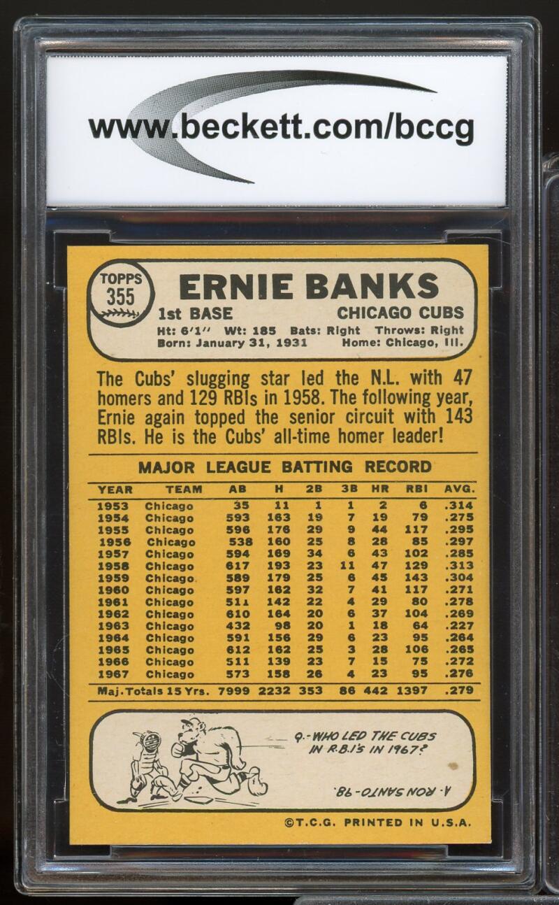 1968 Topps #355 Ernie Banks Card BGS BCCG 9 Near Mint+ Image 2