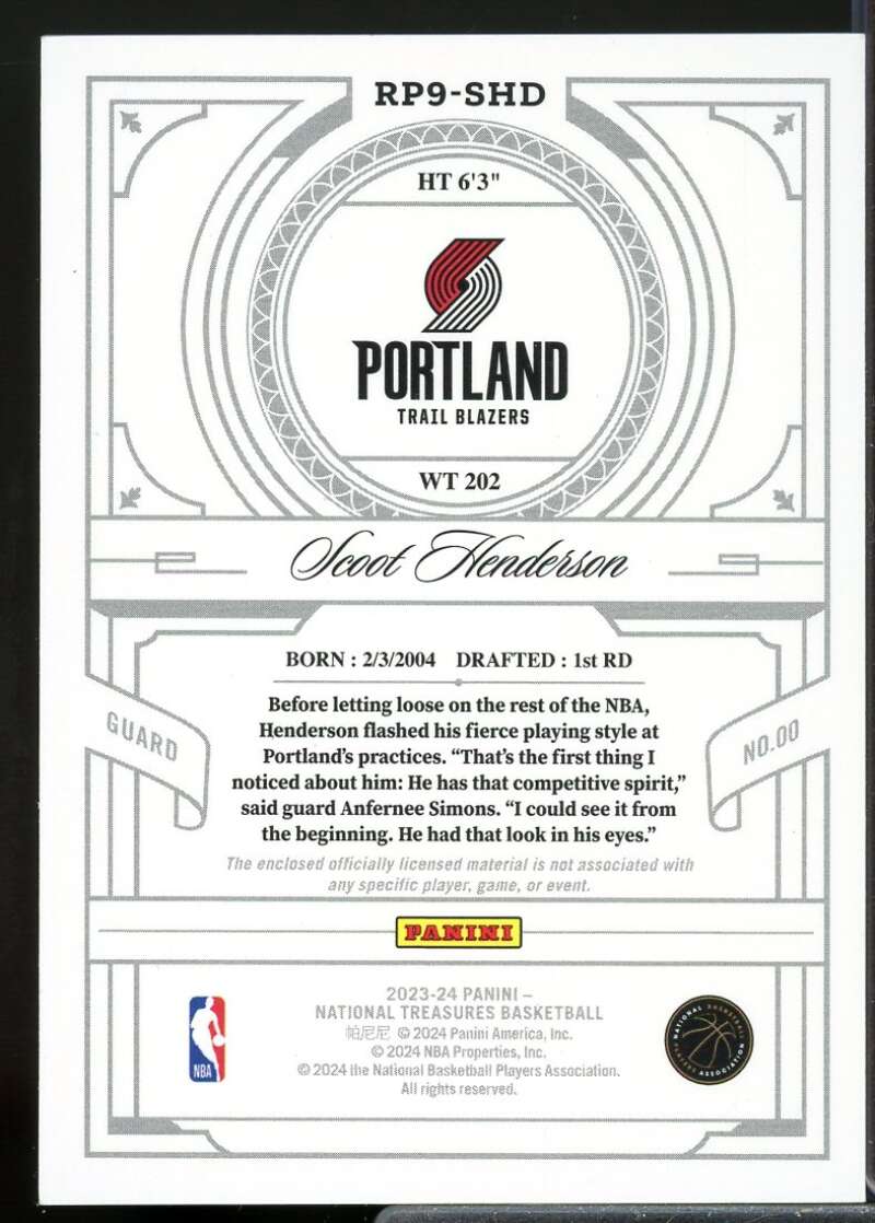 Scoot Henderson /25 2023-24 National Treasures Rookie Jersey Patch '09 Gold #154  Image 2