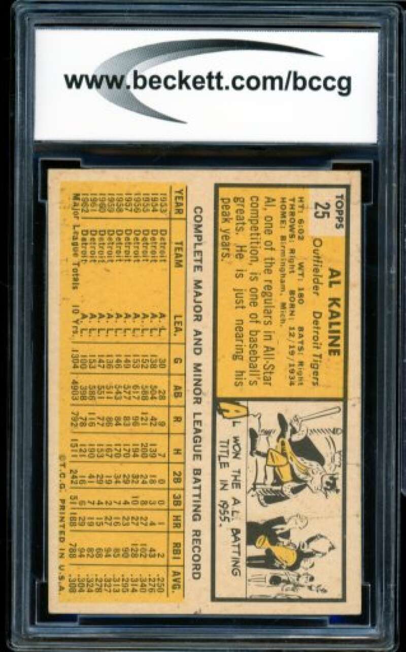 1963 Topps #25 Al Kaline Card BGS BCCG 8 Excellent+ Image 2
