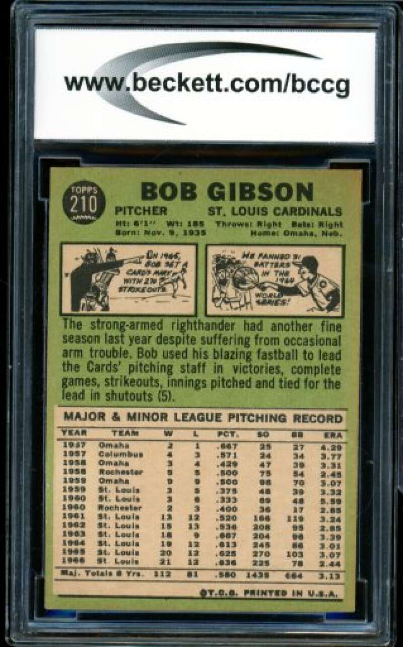 1967 Topps #210 Bob Gibson Card BGS BCCG 8 Excellent+ Image 2