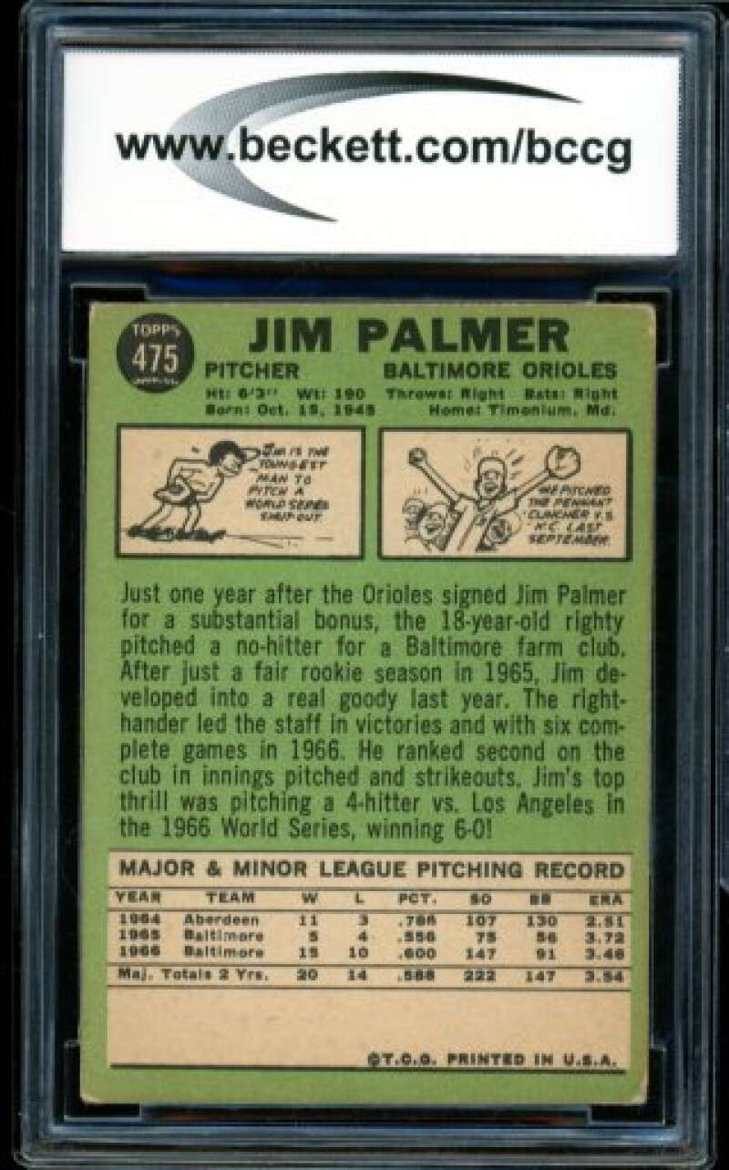 1967 Topps #475 Jim Palmer Card BGS BCCG 7 Very Good+ Image 2