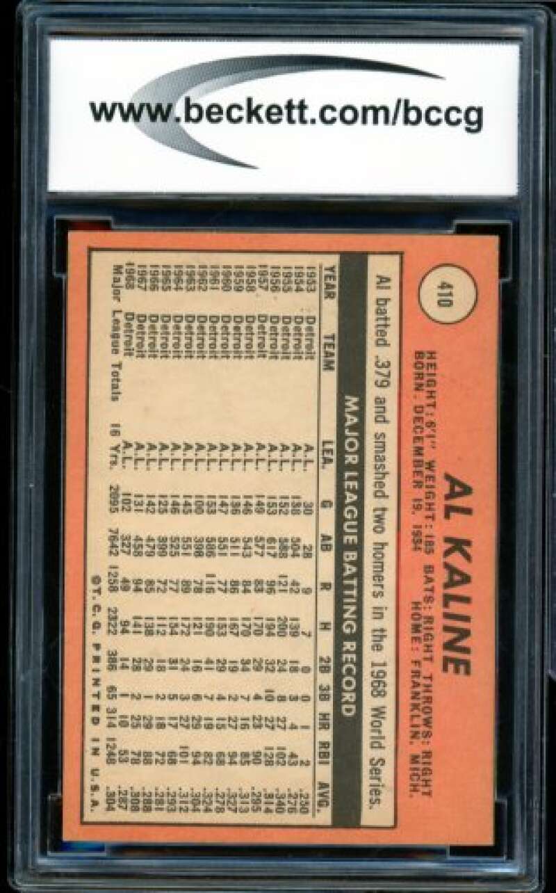 1969 Topps #410 Al Kaline Card BGS BCCG 8 Excellent+ Image 2