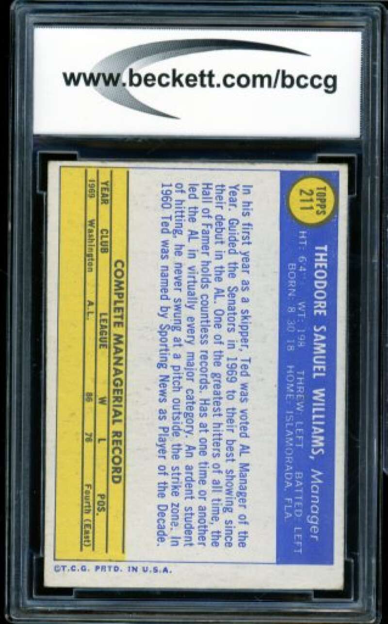 1970 Topps #211 Ted Williams Card BGS BCCG 8 Excellent+ Image 2