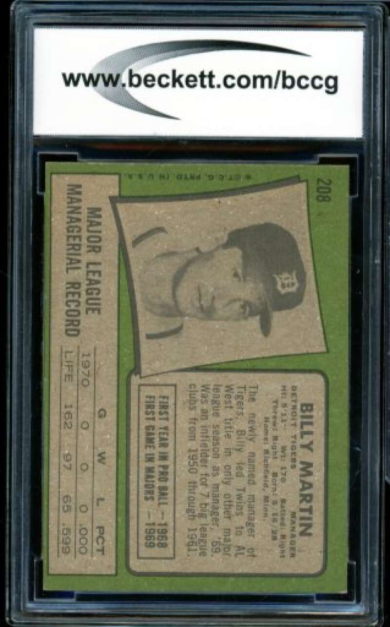 1971 Topps #208 Billy Martin Card BGS BCCG 8 Excellent+ Image 2