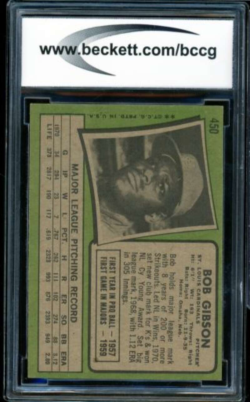 1971 Topps #450 Bob Gibson Card BGS BCCG 8 Excellent+ Image 2