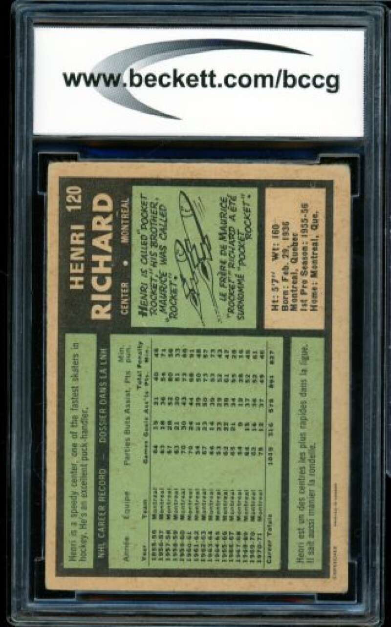 1971-72 O-Pee-Chee #120 Henri Richard Card BGS BCCG 7 Very Good+ Image 2