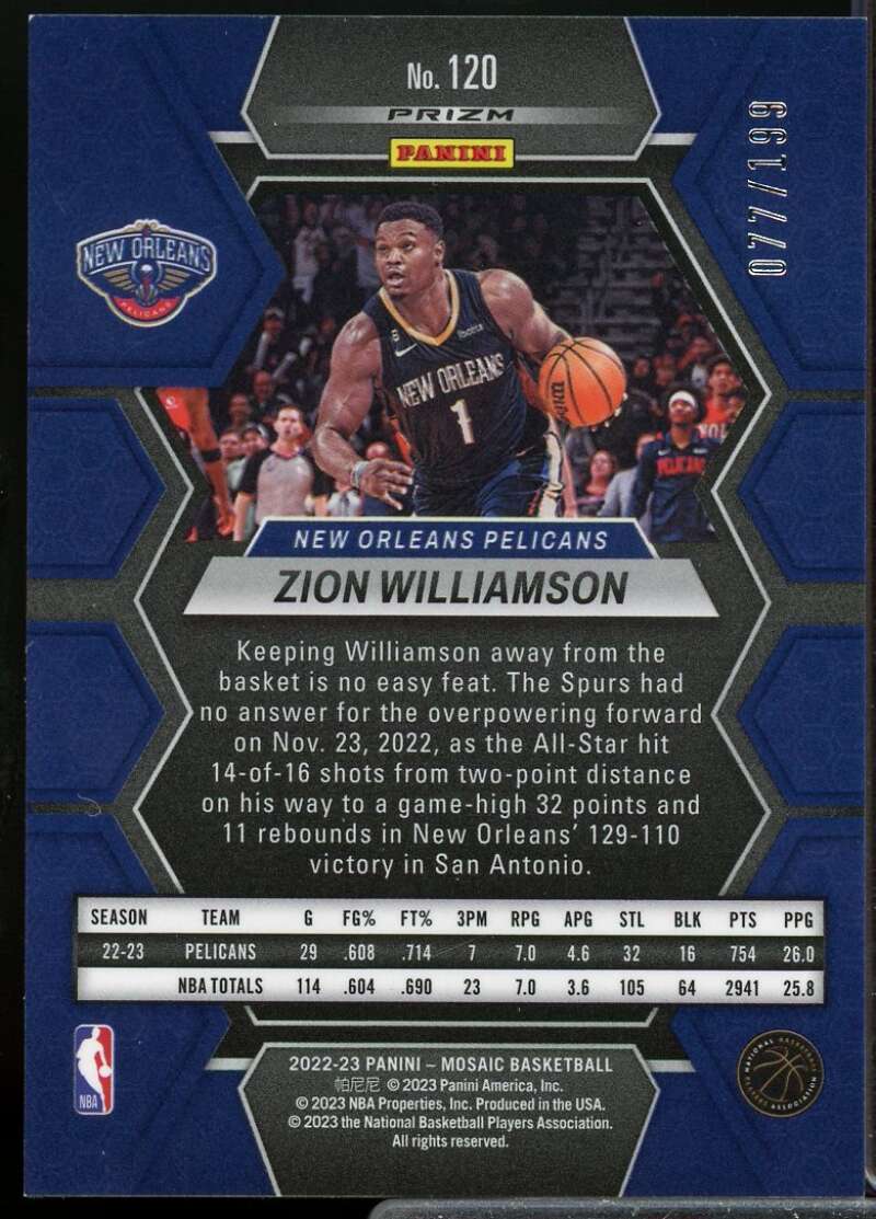 Zion Williamson Card 2022-23 Panini Mosaic Mosaic Blue #120  Image 2