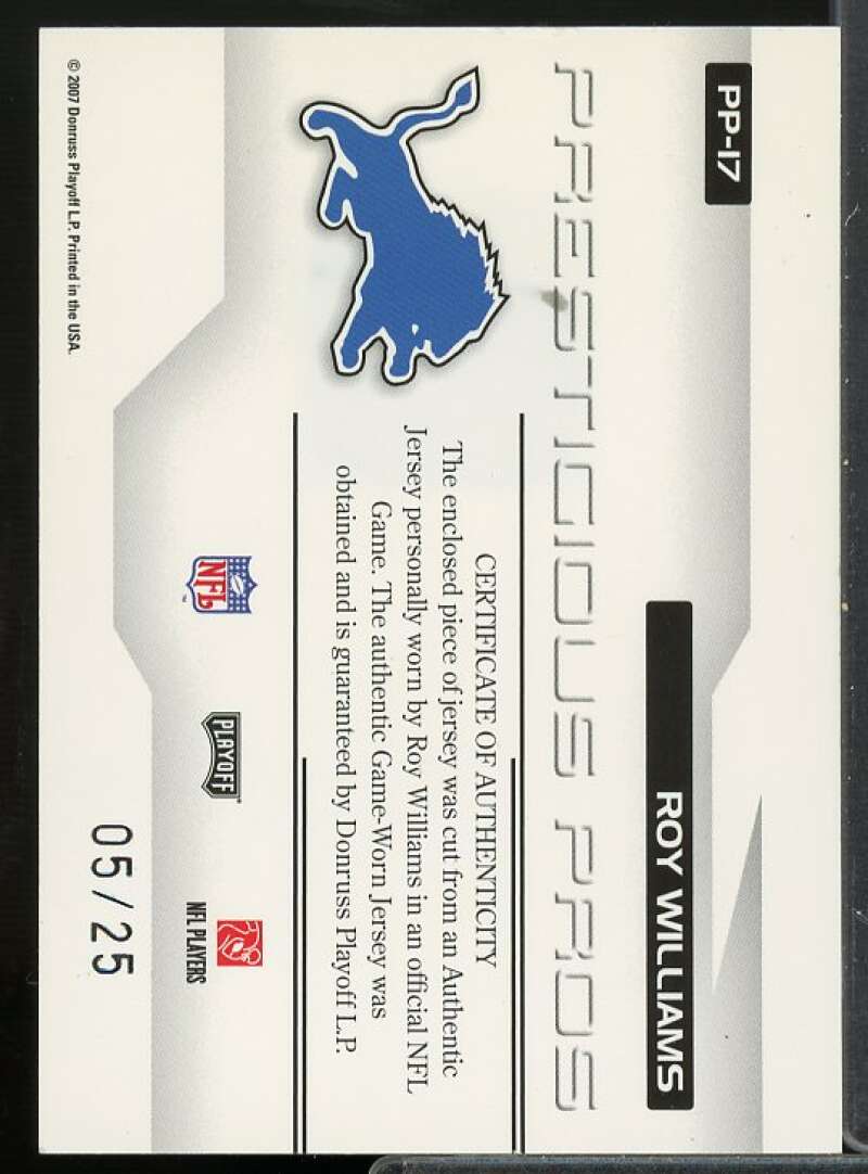 Roy Williams Rookie 2007 Playoff Prestige Prestigious Pros Materials Black #17  Image 2